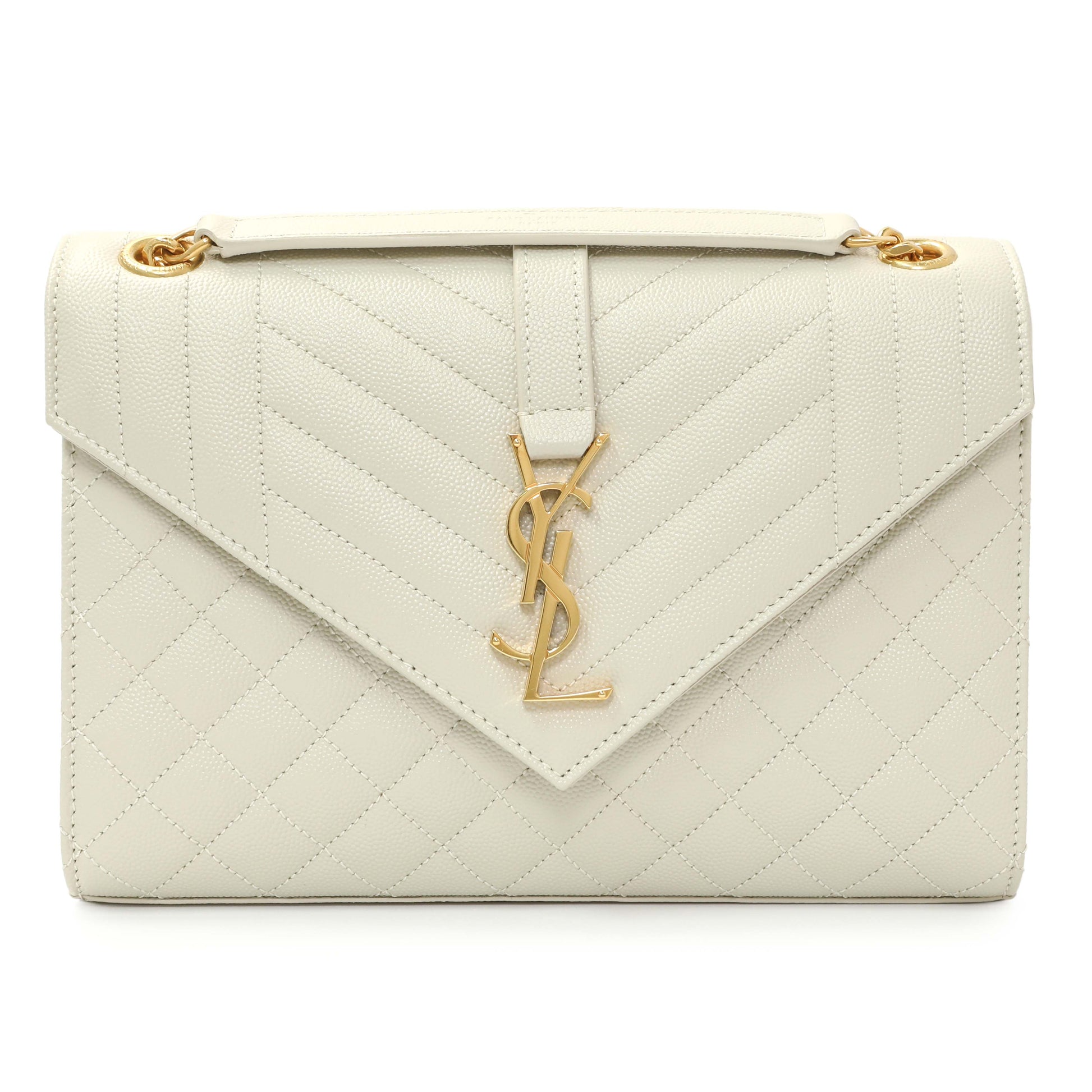Exclusive Saint Laurent Crema Grain De Poudre Matelasse Chevron Medium Triquilt Monogram Satchel — Front View