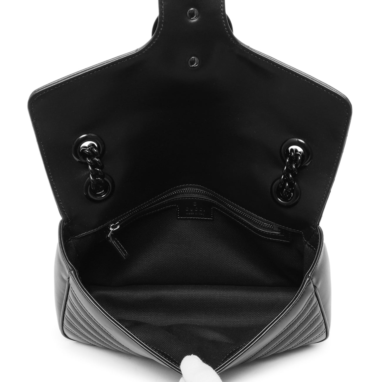 Exclusive Gucci Black Calfskin Matelasse Monochrome Small GG Marmont Shoulder Bag — Detail View
