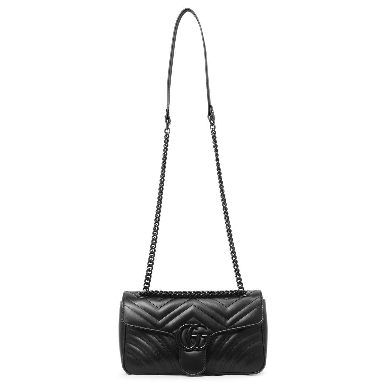 Exclusive Gucci Black Calfskin Matelasse Monochrome Small GG Marmont Shoulder Bag — Front View