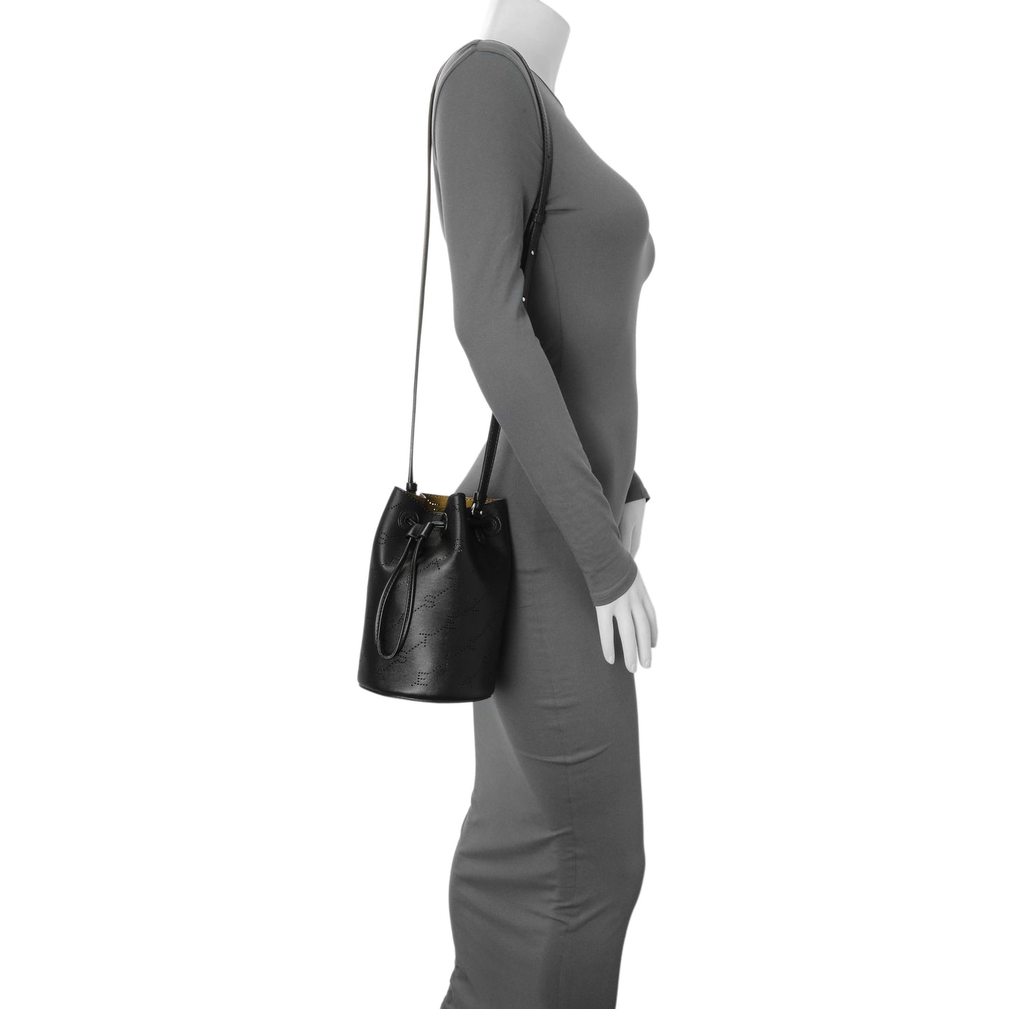 Exclusive Stella McCartney Black Eco Alter Nappa Perforated Logo Mini Bucket Bag — Lifestyle View
