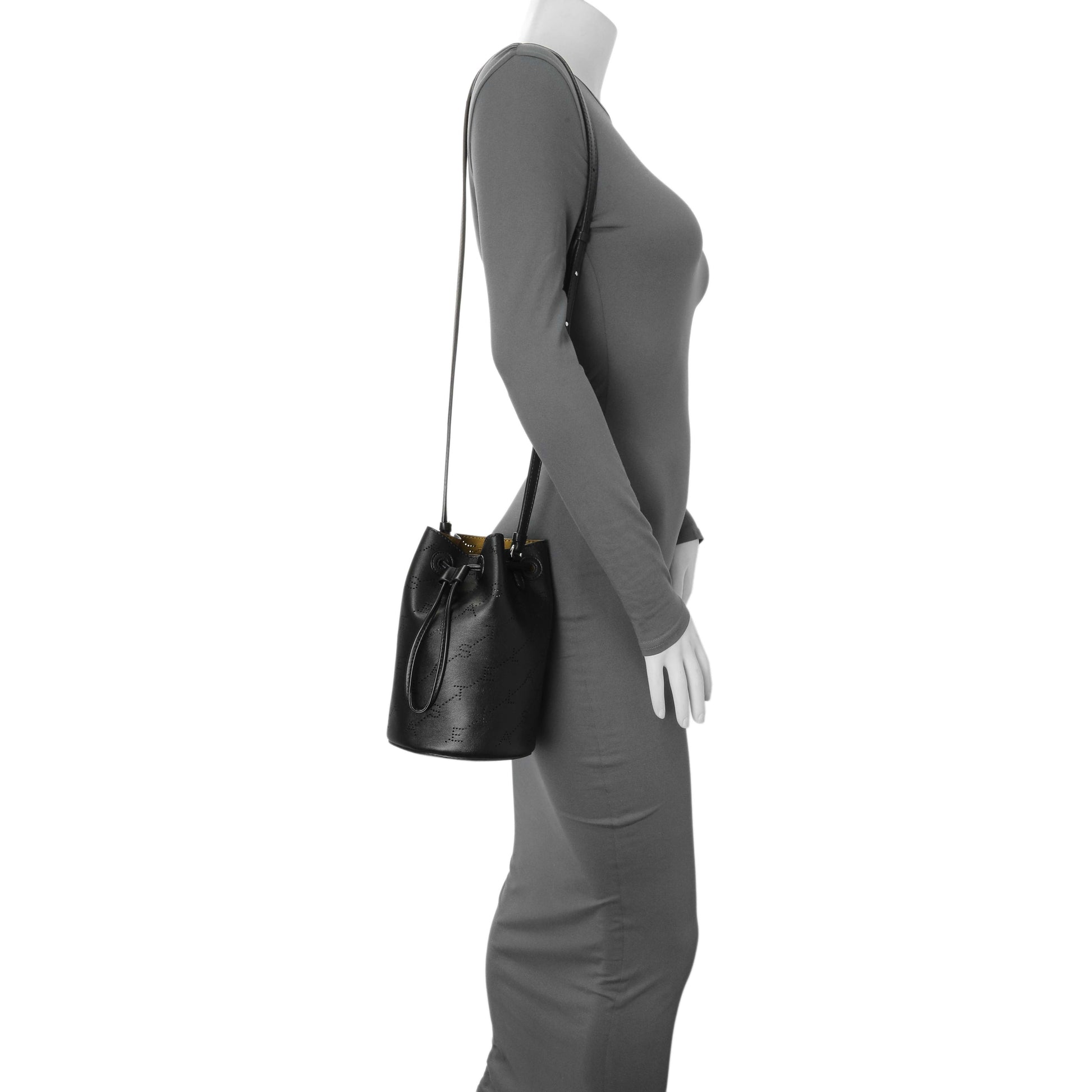 Exclusive Stella McCartney Black Eco Alter Nappa Perforated Logo Mini Bucket Bag — Lifestyle View