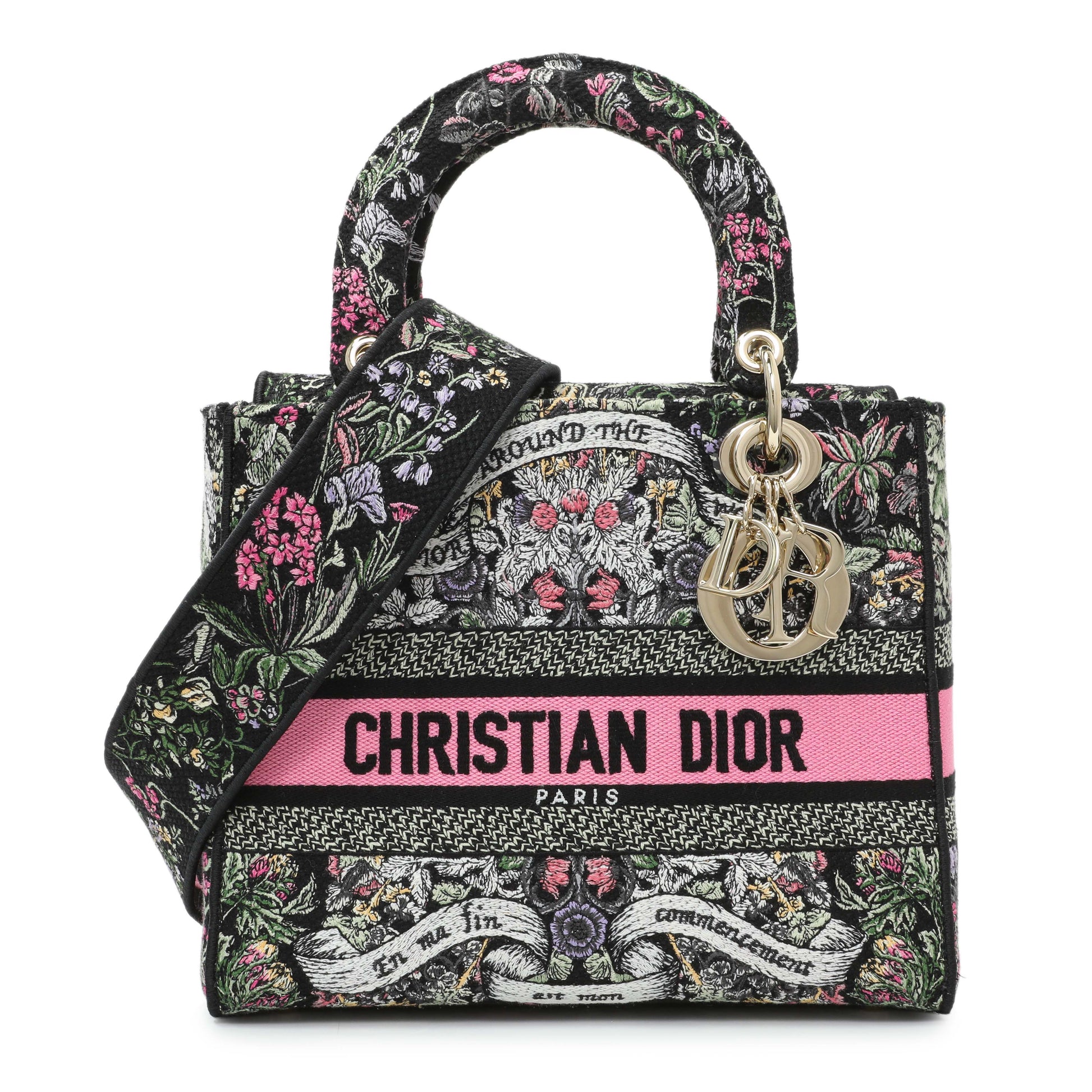 Exclusive Christian Dior Black Pink Embroidered Medium Lady D-Lite — Front View