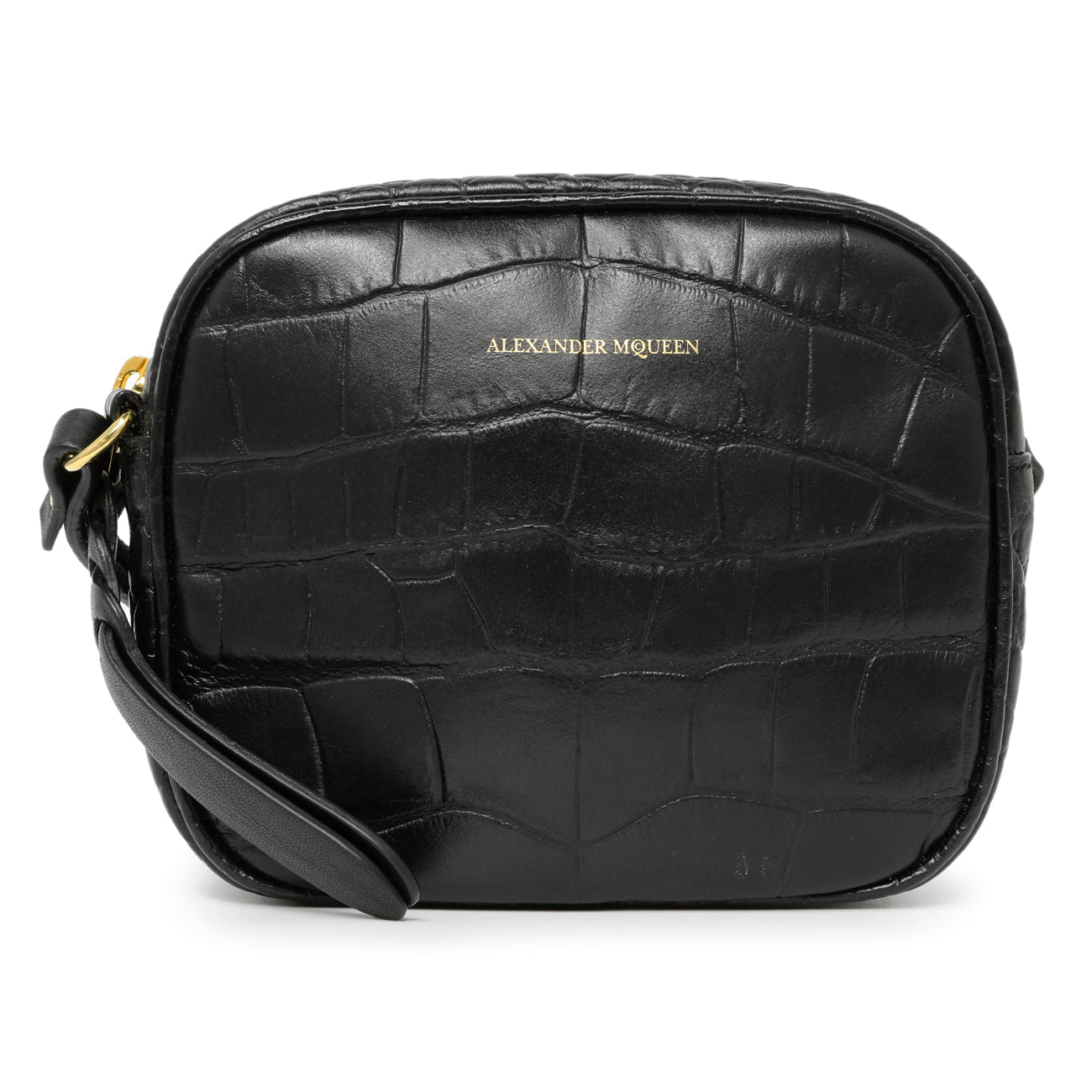 Exclusive Alexander McQueen Black Calfskin Crocodile-Embossed Mini Camera Shoulder Bag — Side View
