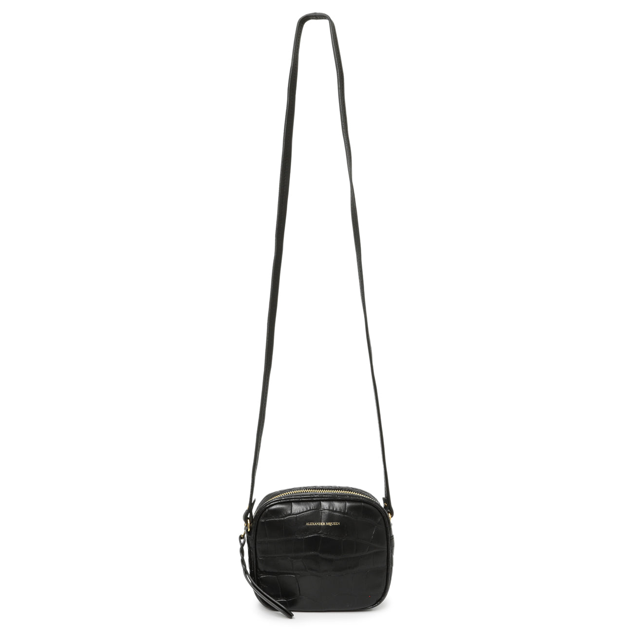Exclusive Alexander McQueen Black Calfskin Crocodile-Embossed Mini Camera Shoulder Bag — Front View