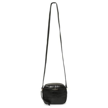 Exclusive Alexander McQueen Black Calfskin Crocodile-Embossed Mini Camera Shoulder Bag — Front View