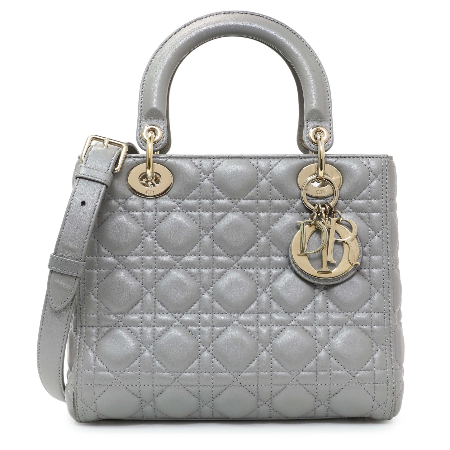 Exclusive Christian Dior Grey Lambskin Cannage Medium Lady Dior — Front View
