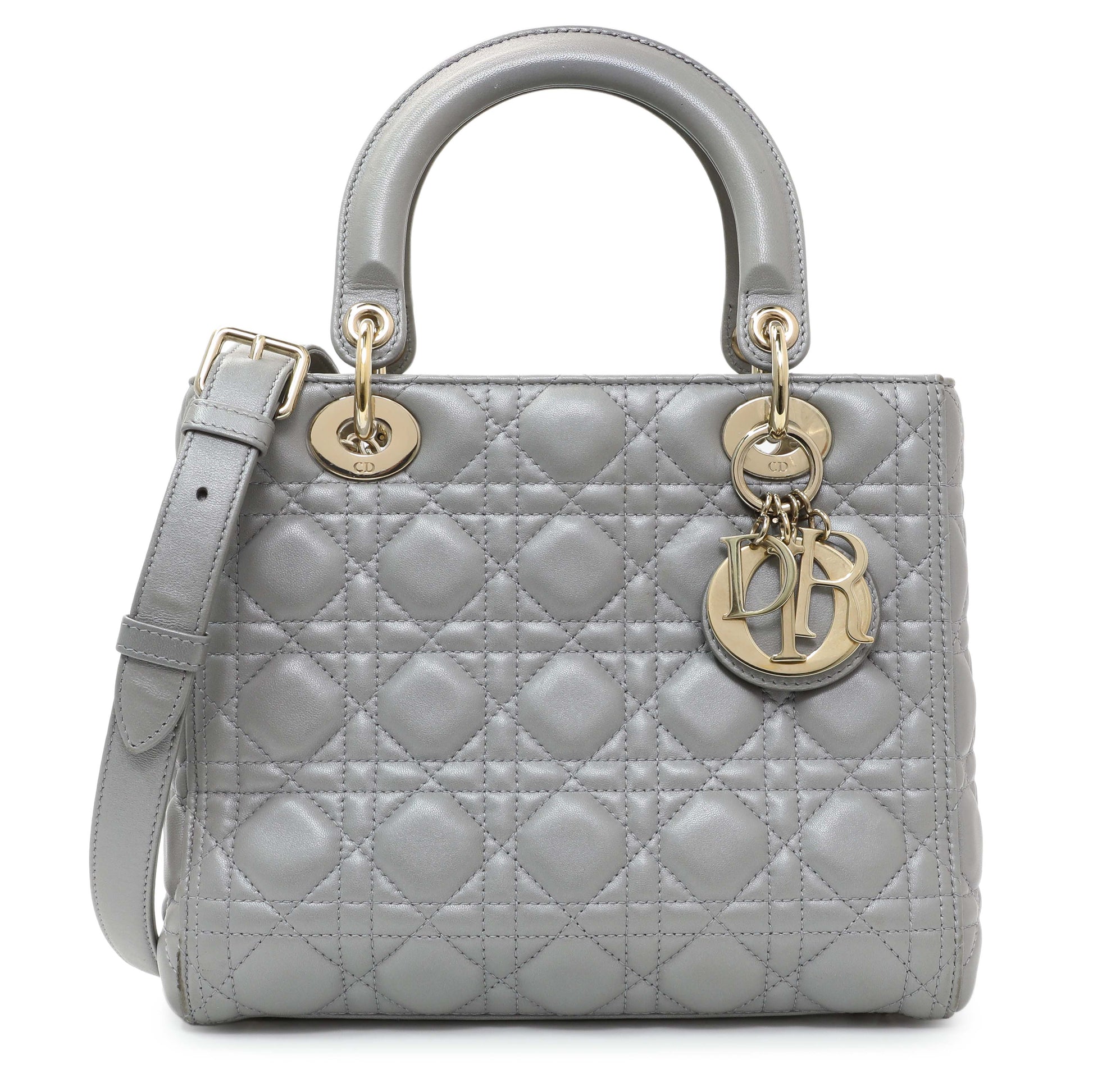 Exclusive Christian Dior Grey Lambskin Cannage Medium Lady Dior — Front View