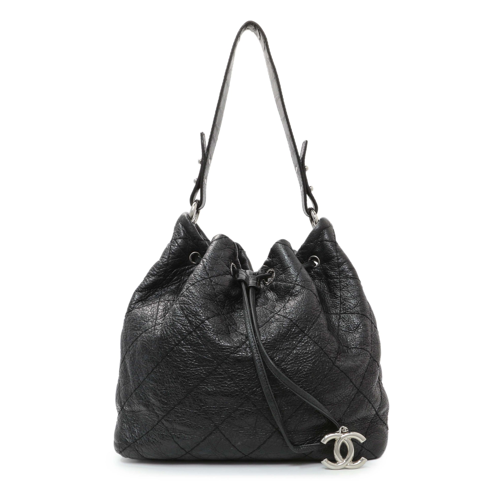 Exclusive Chanel Black Glazed Calfskin On The Road Bucket Bag — Front View