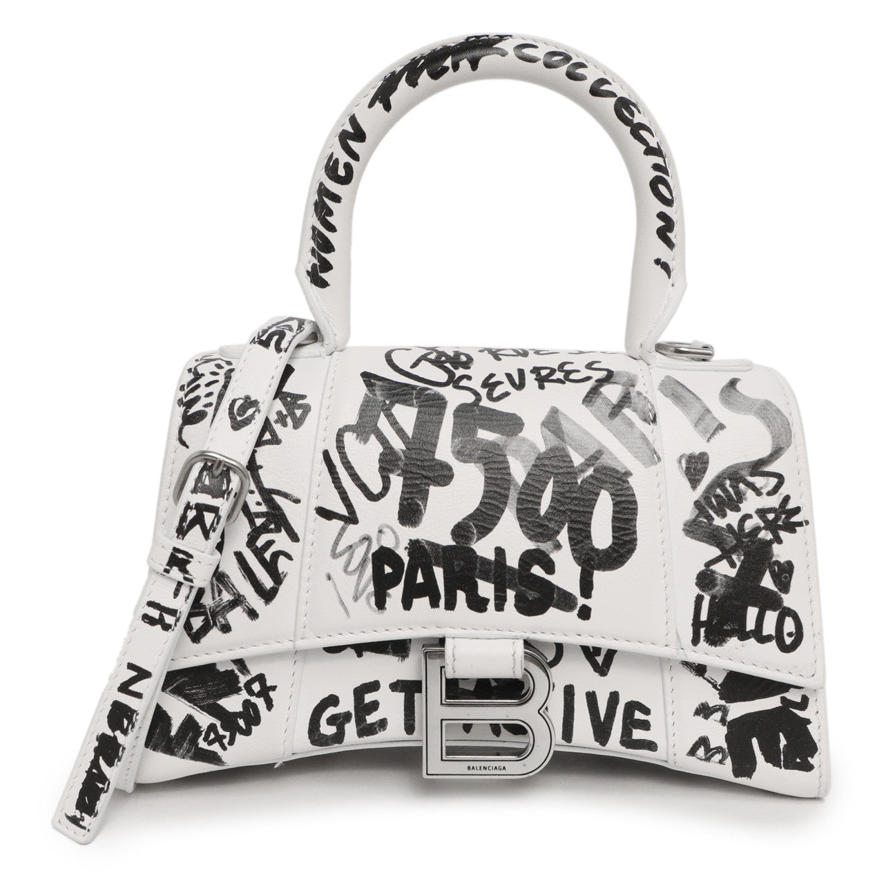 Exclusive Balenciaga White Calfskin Graffiti Hourglass Top Handle Bag  XS — Front View