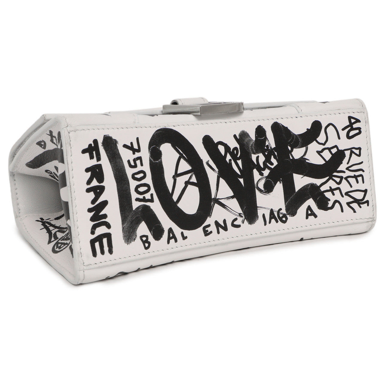 Exclusive Balenciaga White Calfskin Graffiti Hourglass Top Handle Bag  XS — Back View