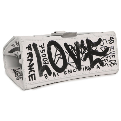 Exclusive Balenciaga White Calfskin Graffiti Hourglass Top Handle Bag  XS — Back View