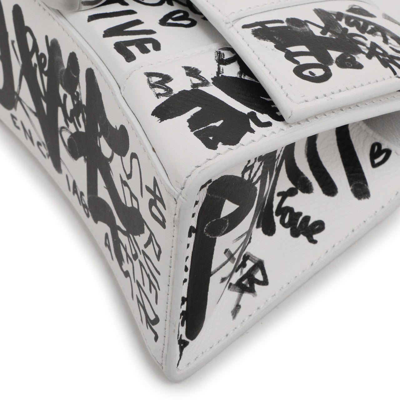 Exclusive Balenciaga White Calfskin Graffiti Hourglass Top Handle Bag  XS — Detail View