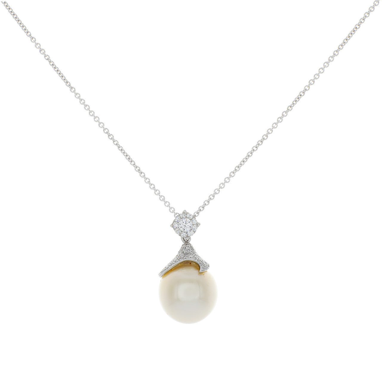 Exclusive 14K White Gold South Sea Pearl Diamond Pendant Necklace — Front View
