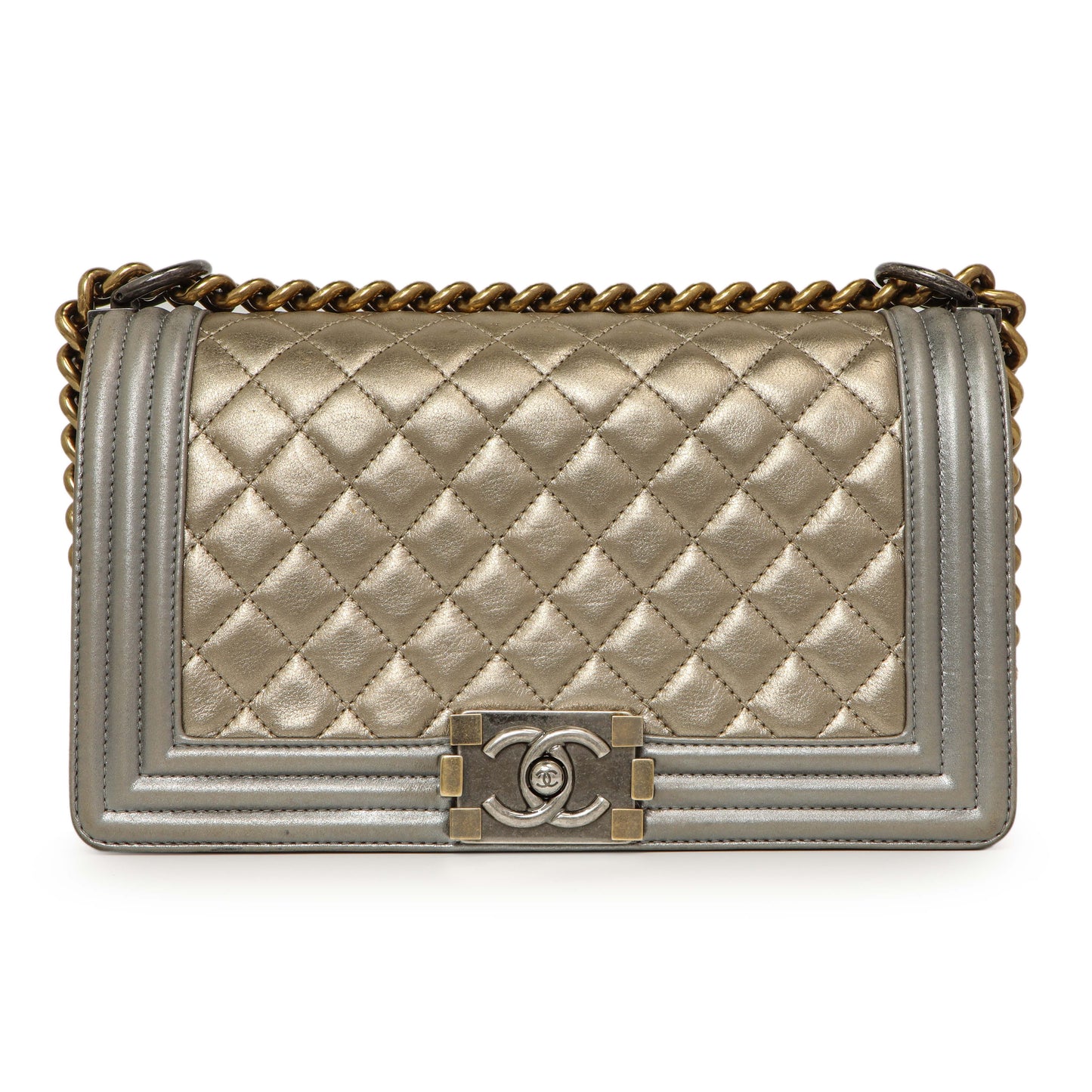 Exclusive Chanel Silver Gold Quilted Calfskin Medium Boy Bag — Front View