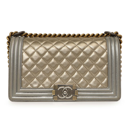 Exclusive Chanel Silver Gold Quilted Calfskin Medium Boy Bag — Front View