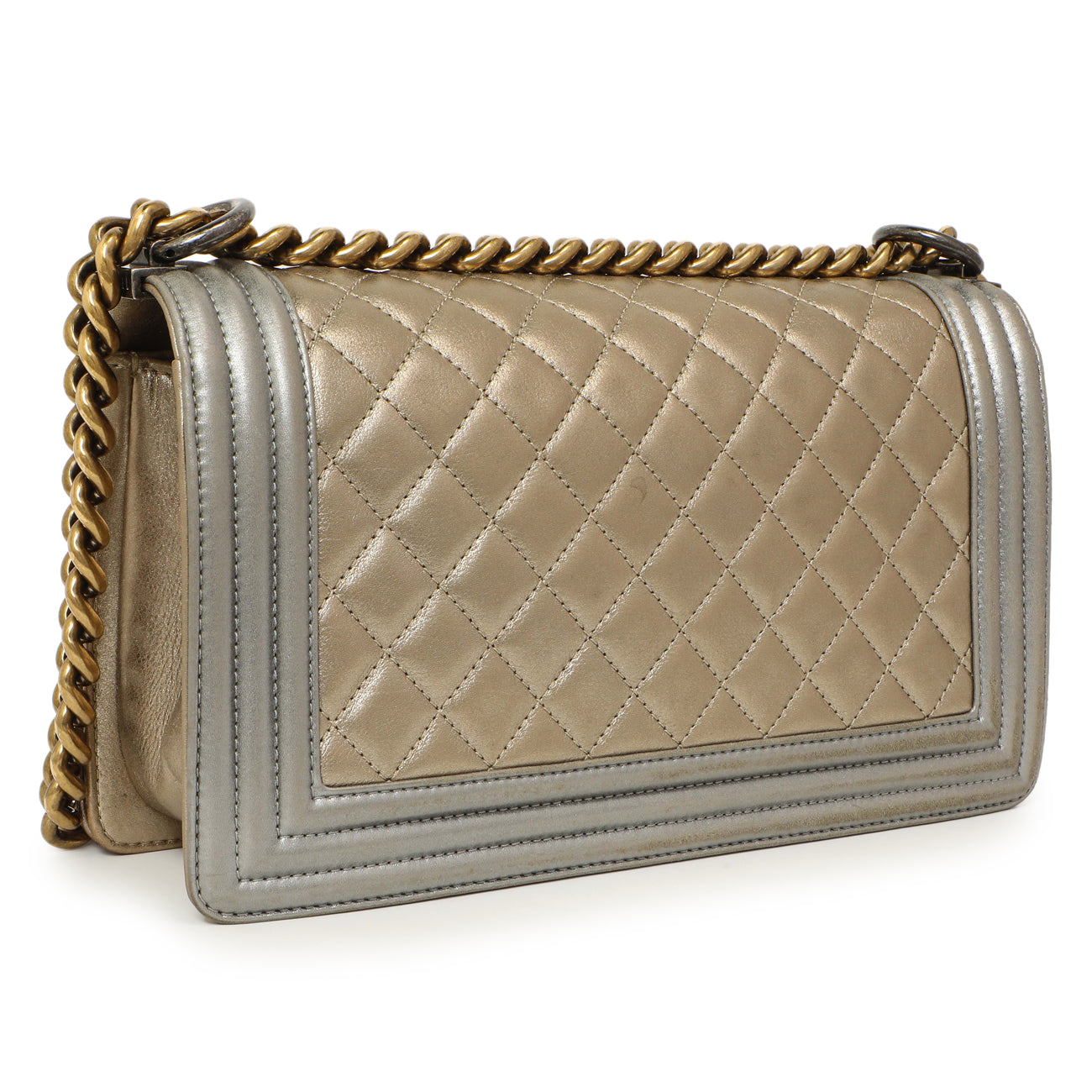 Exclusive Chanel Silver Gold Quilted Calfskin Medium Boy Bag — Side View