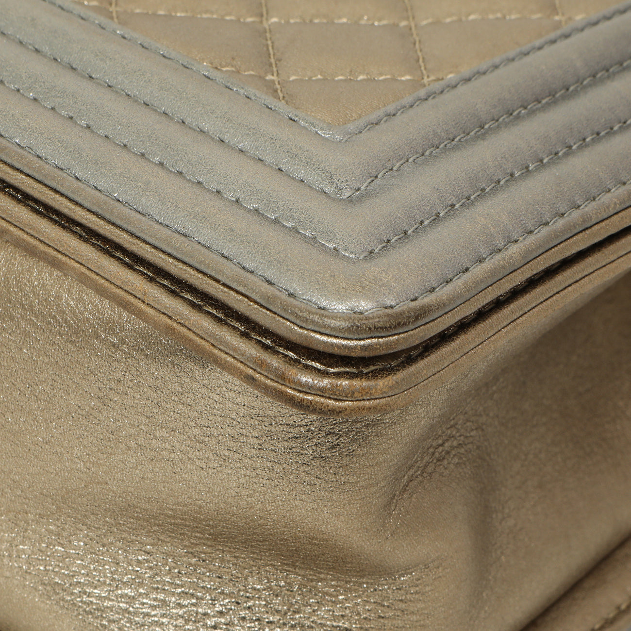 Exclusive Chanel Silver Gold Quilted Calfskin Medium Boy Bag — Detail View