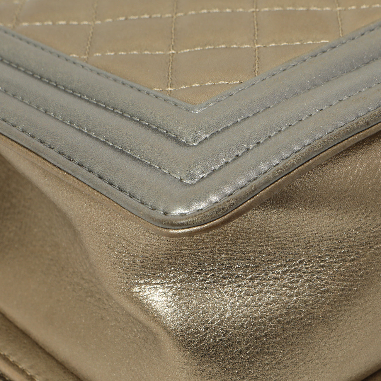 Exclusive Chanel Silver Gold Quilted Calfskin Medium Boy Bag — Lifestyle View