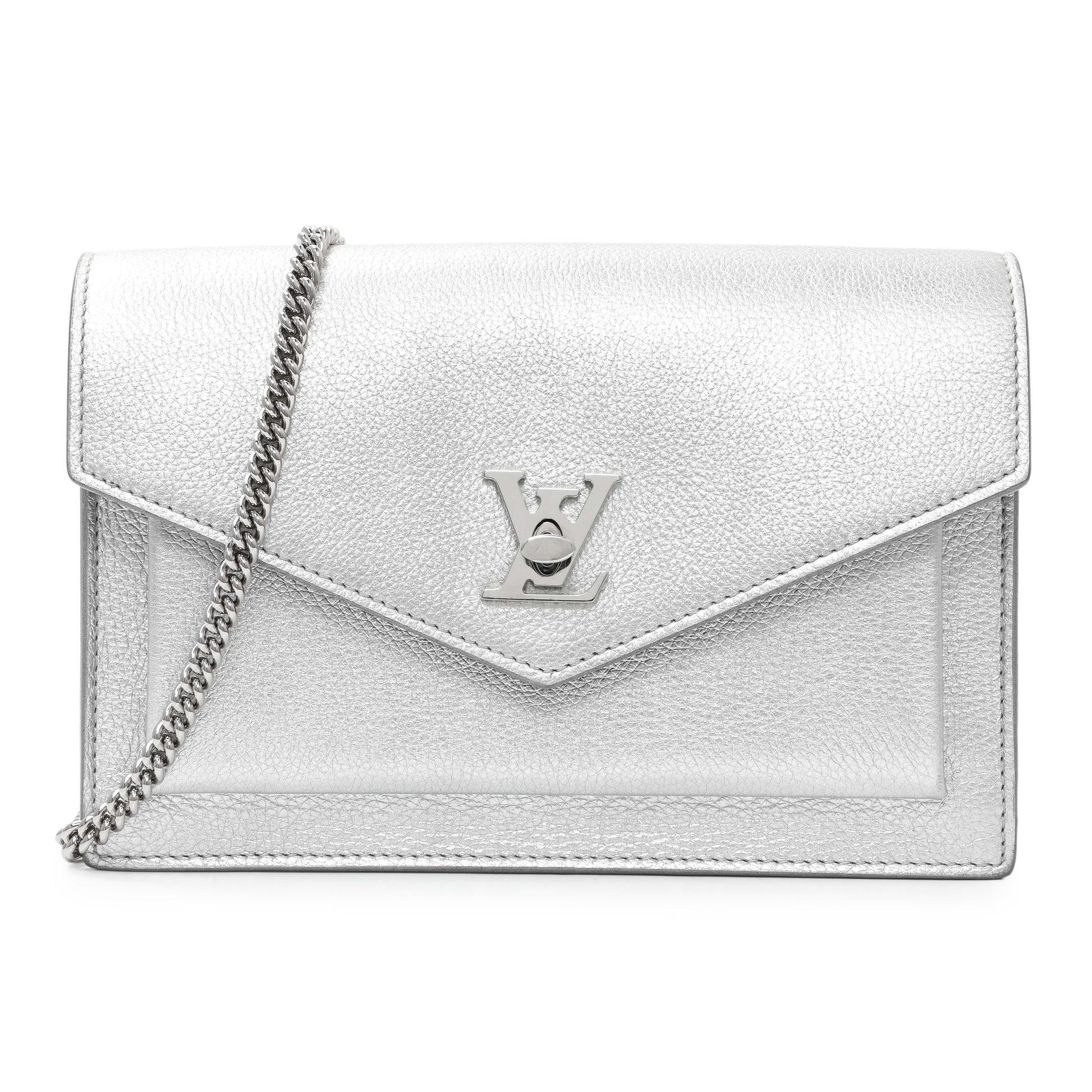 Exclusive Louis Vuitton Silver Soft Calfskin Mylockme Chain Pochette — Front View