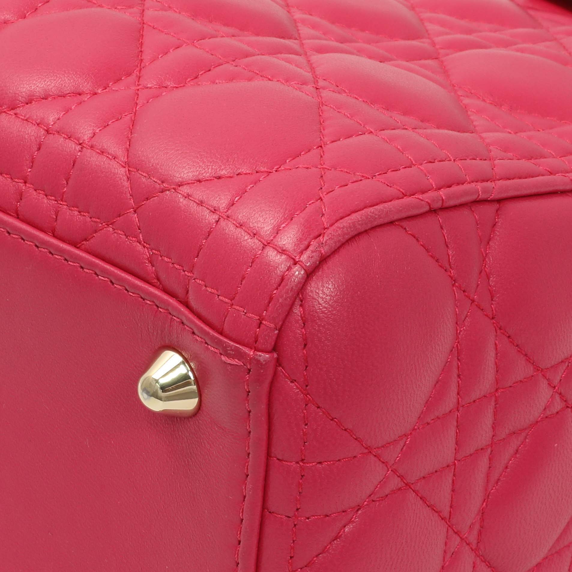 Exclusive Christian Dior Fuchsia Lambskin Cannage Large Lady Dior — Detail View