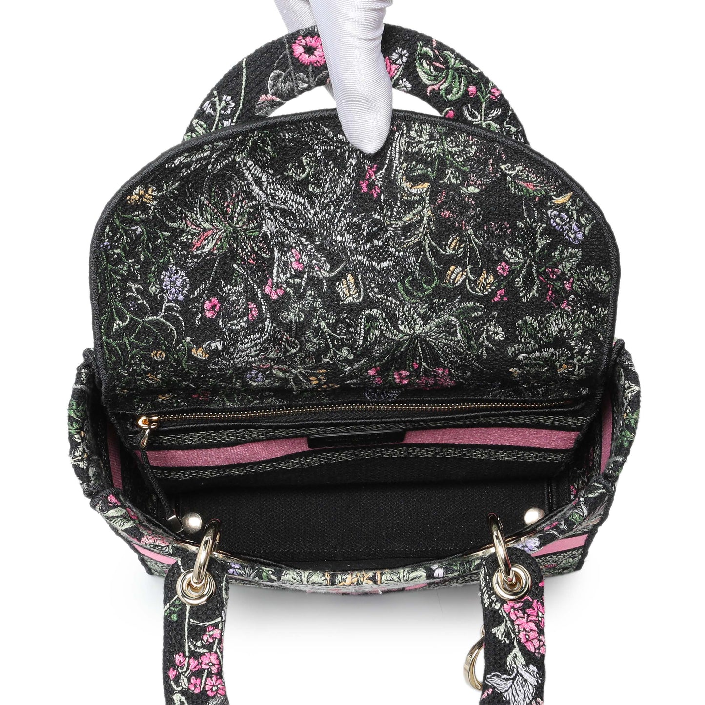 Exclusive Christian Dior Black Pink Embroidered Medium Lady D-Lite — Top View