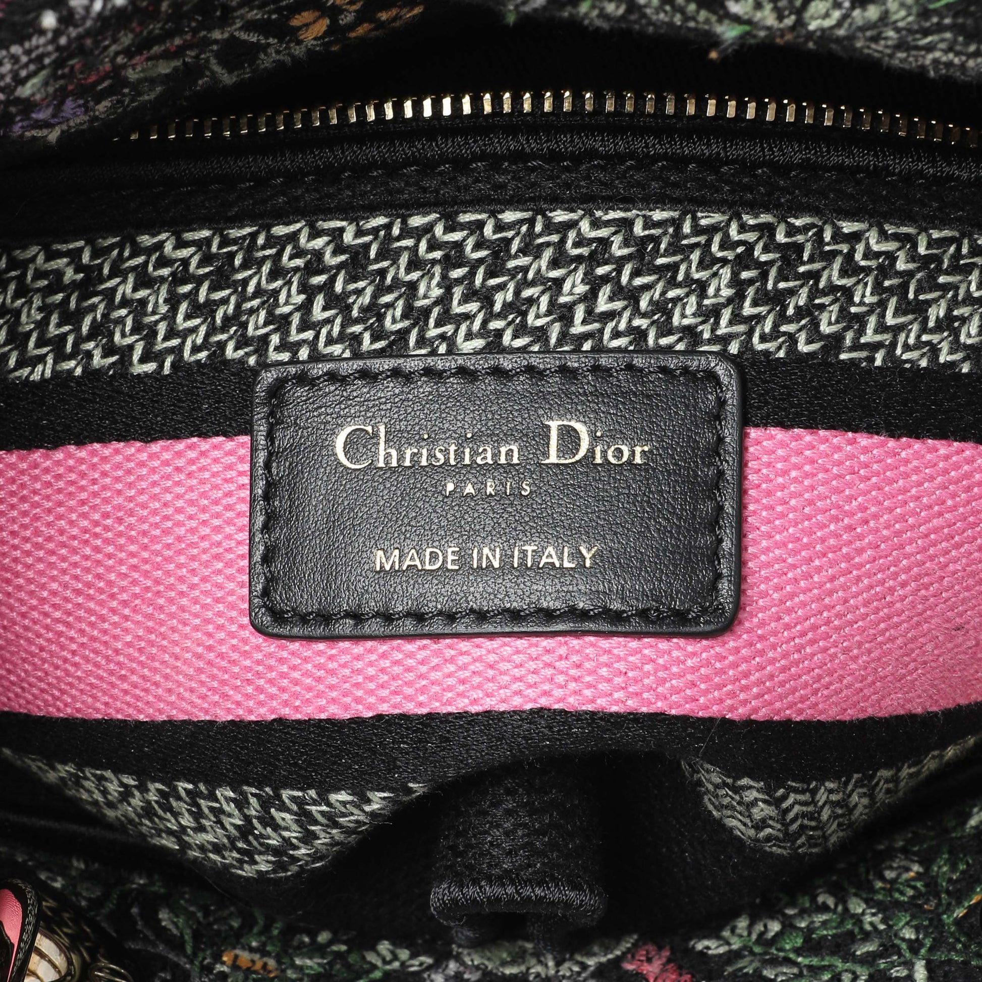 Exclusive Christian Dior Black Pink Embroidered Medium Lady D-Lite — Detail View