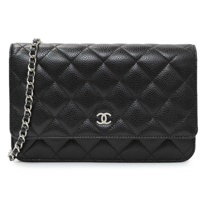 Exclusive Chanel Black Quilted Caviar Wallet on Chain — Front View