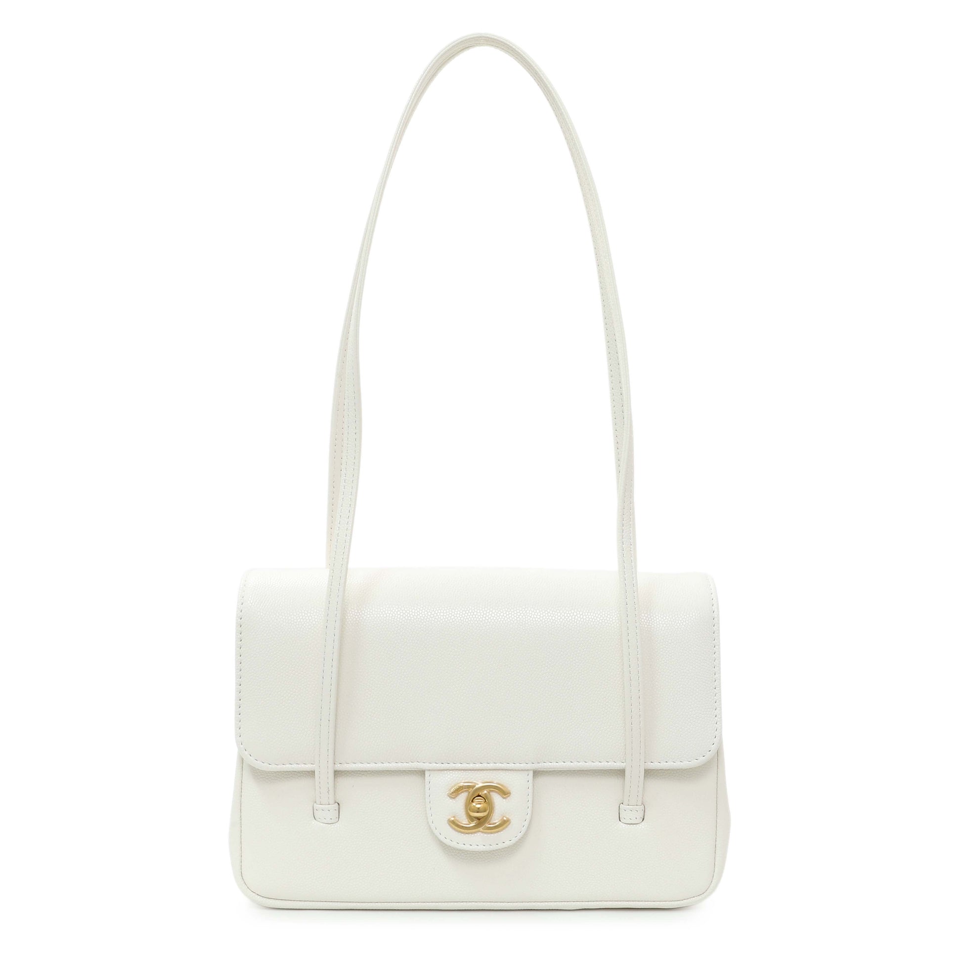 Exclusive Chanel White Shiny Caviar Preppy Coco Small Flap — Front View
