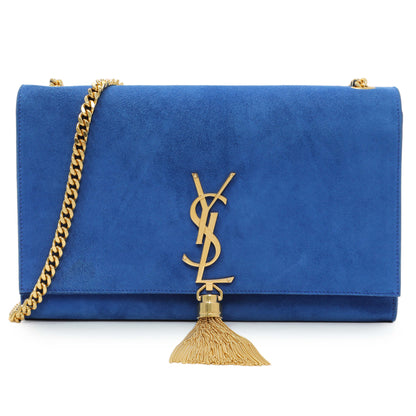 Exclusive Saint Laurent Blue Suede Medium Classic Monogram Kate Tassel Satchel — Front View