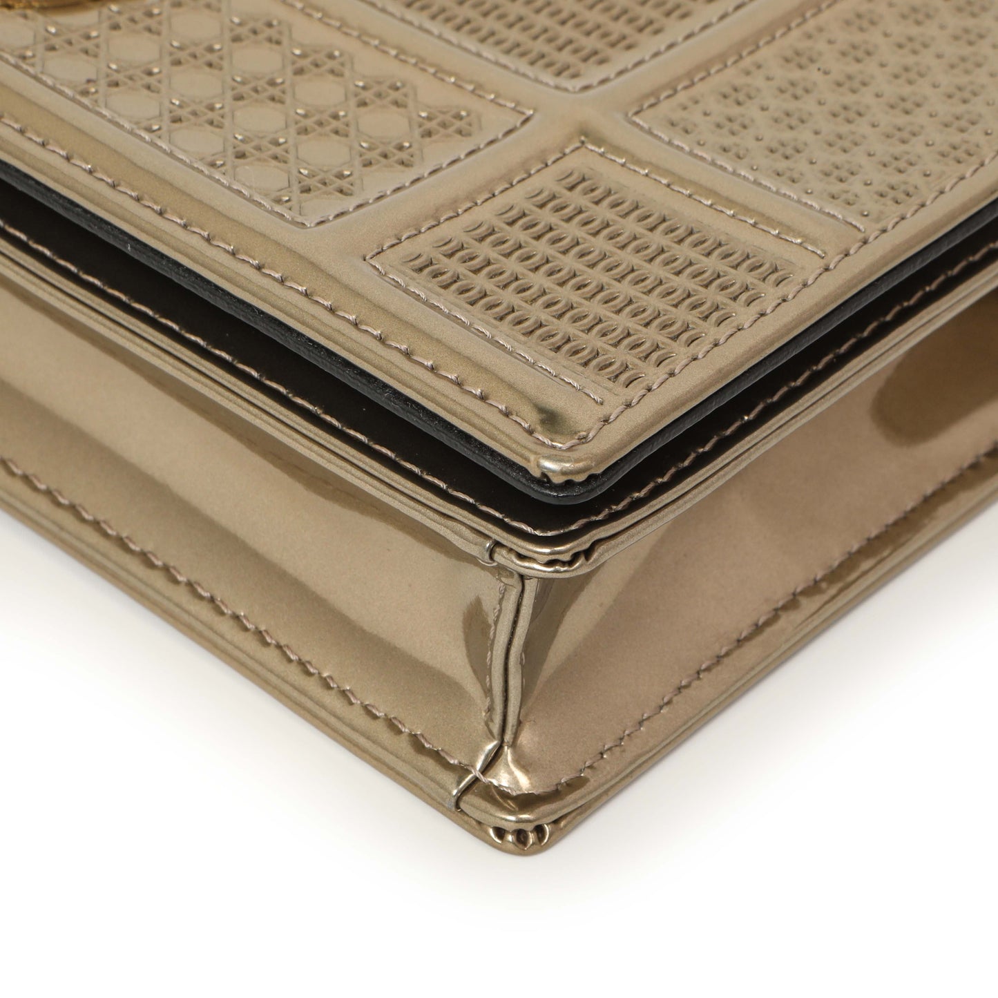 Exclusive Christian Dior Metallic Gold Patent Micro Cannage Diorama Wallet on Chain — Detail View