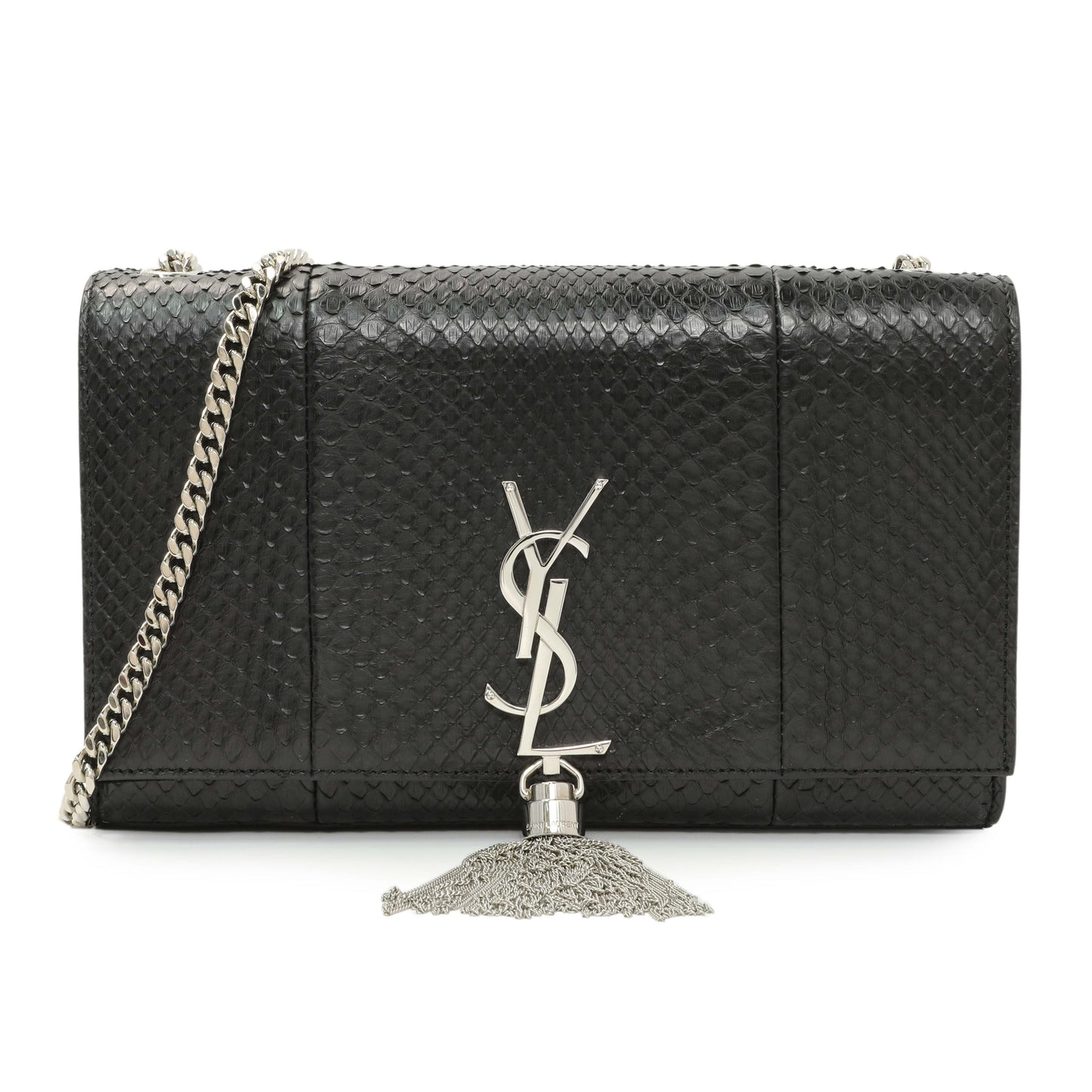 Exclusive Saint Laurent Black Snakeskin Monogram Kate Tassel Satchel — Front View