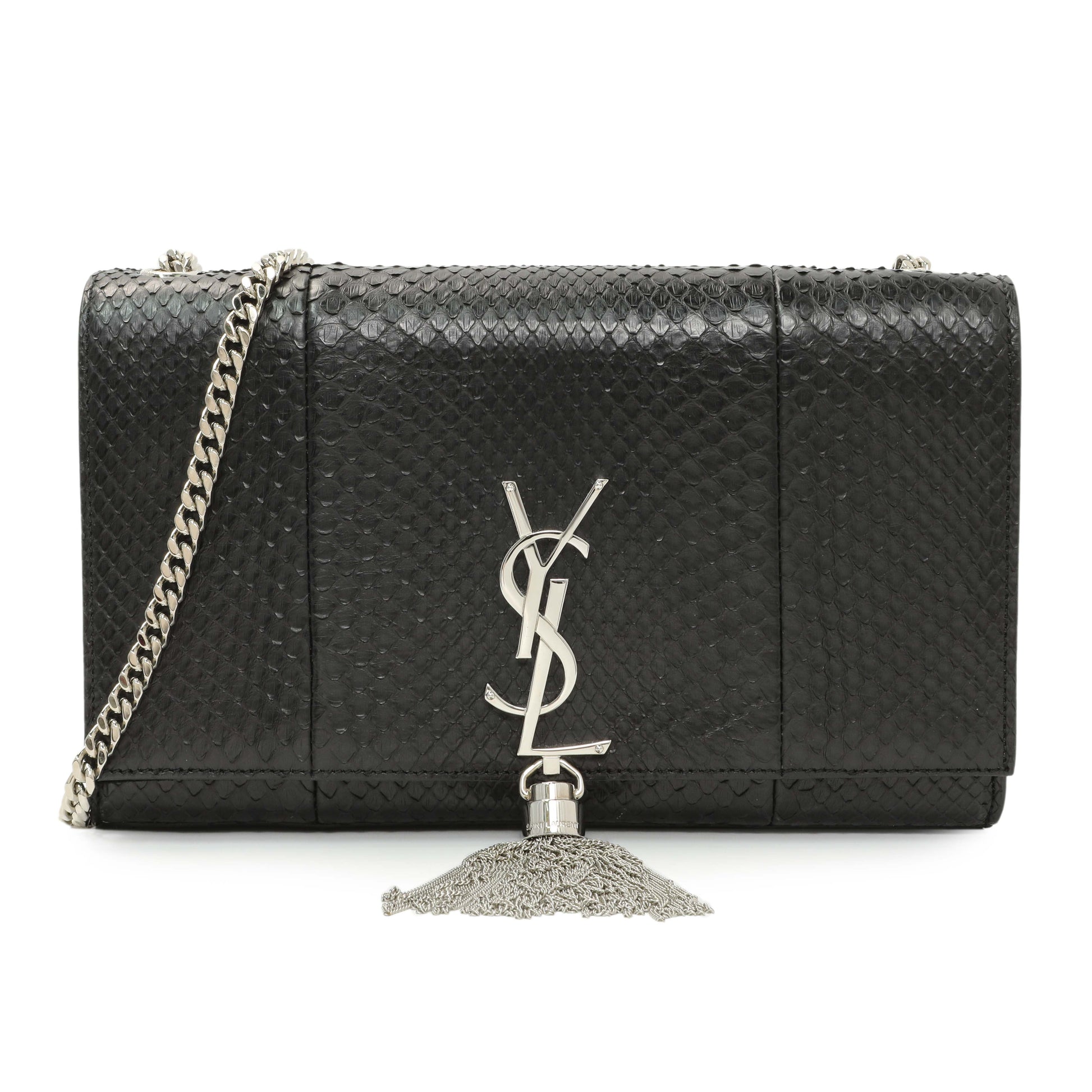 Exclusive Saint Laurent Black Snakeskin Monogram Kate Tassel Satchel — Front View