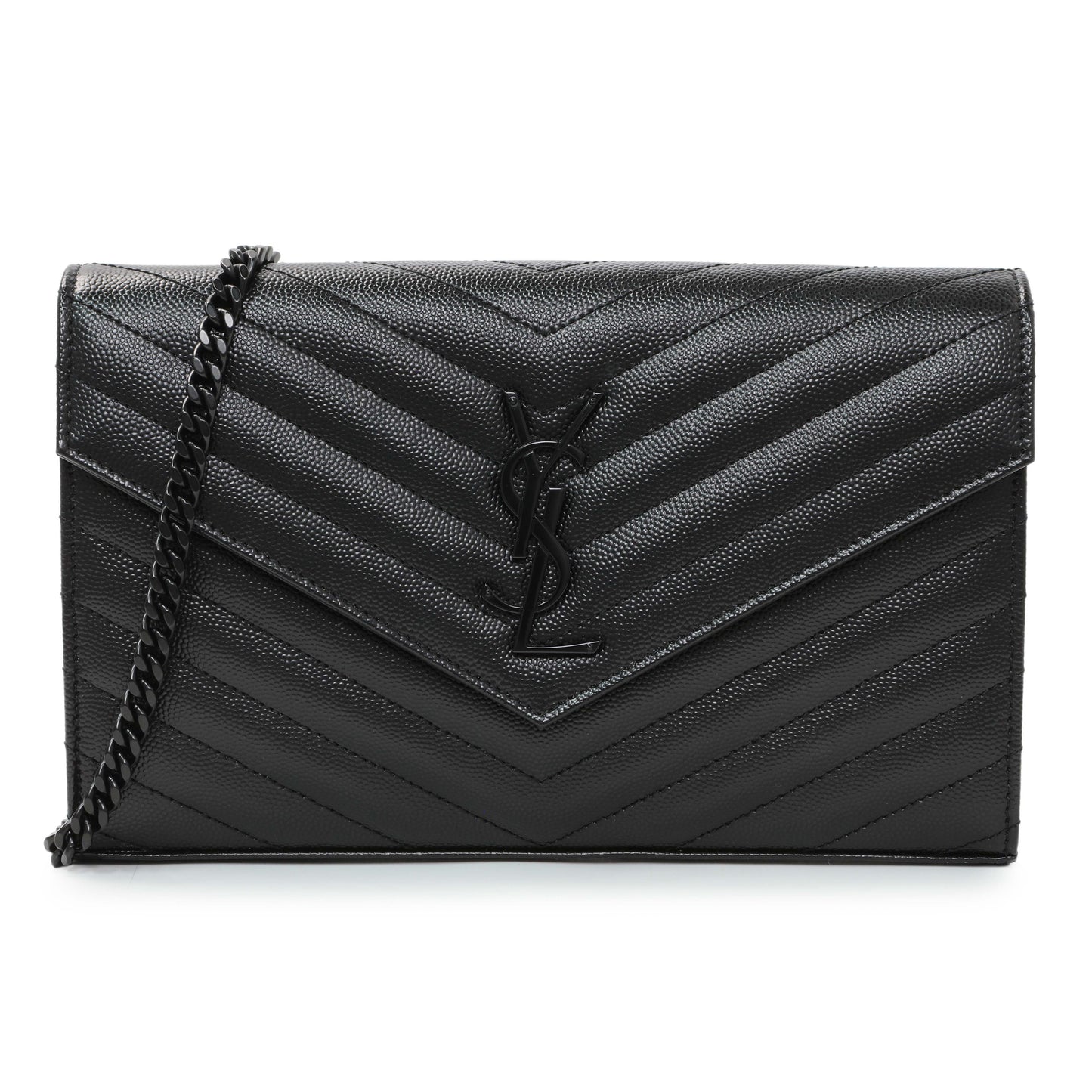 Exclusive Saint Laurent Black Grain De Poudre Matelasse Chevron Monogram Chain Wallet — Front View