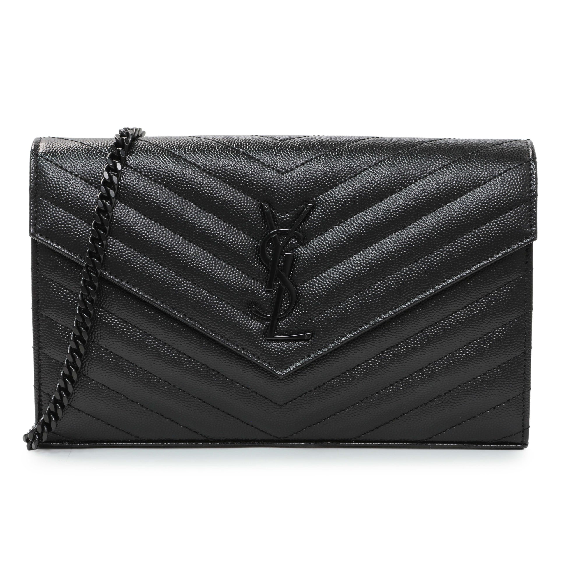 Exclusive Saint Laurent Black Grain De Poudre Matelasse Chevron Monogram Chain Wallet — Front View