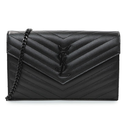 Exclusive Saint Laurent Black Grain De Poudre Matelasse Chevron Monogram Chain Wallet — Front View