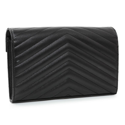Exclusive Saint Laurent Black Grain De Poudre Matelasse Chevron Monogram Chain Wallet — Side View