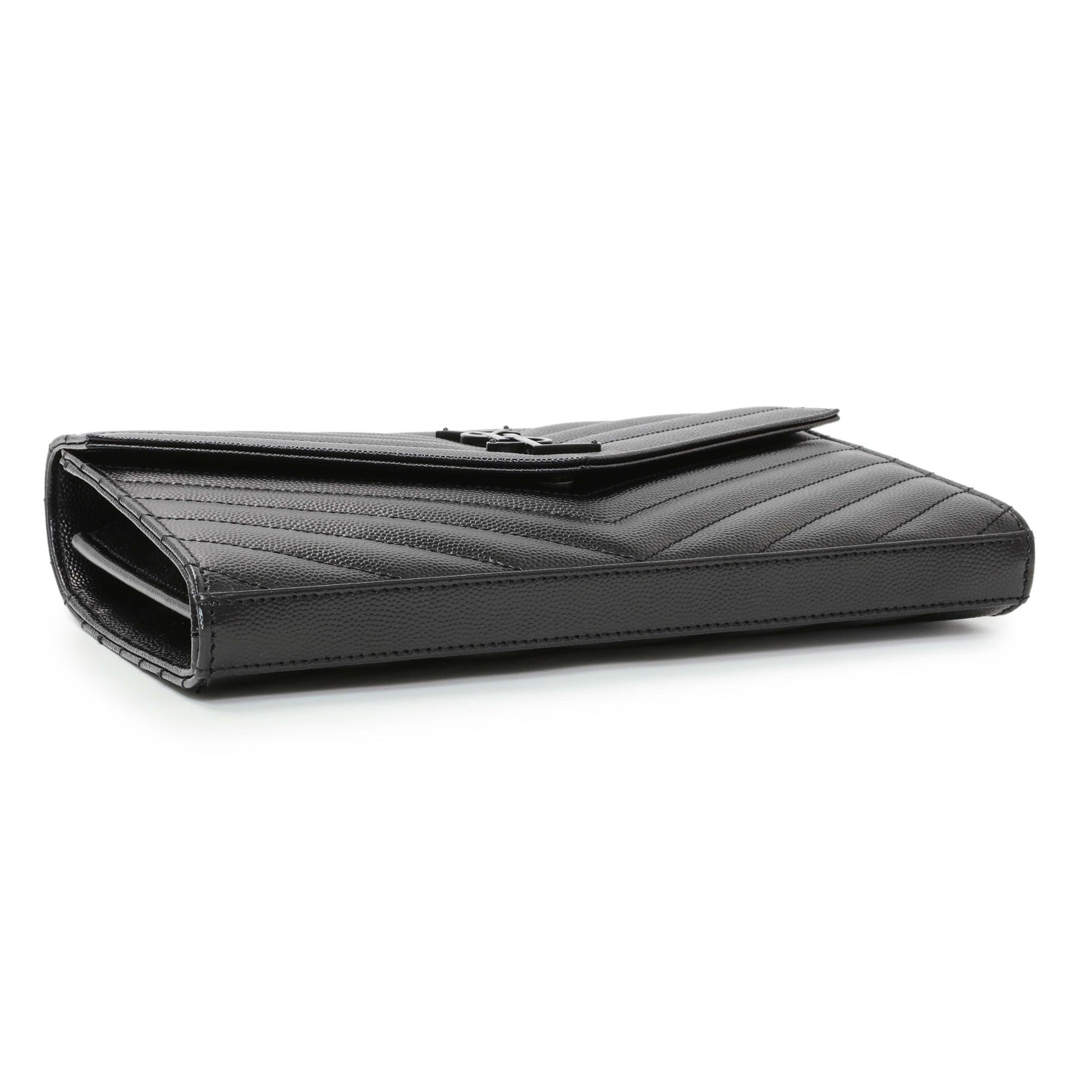 Exclusive Saint Laurent Black Grain De Poudre Matelasse Chevron Monogram Chain Wallet — Back View