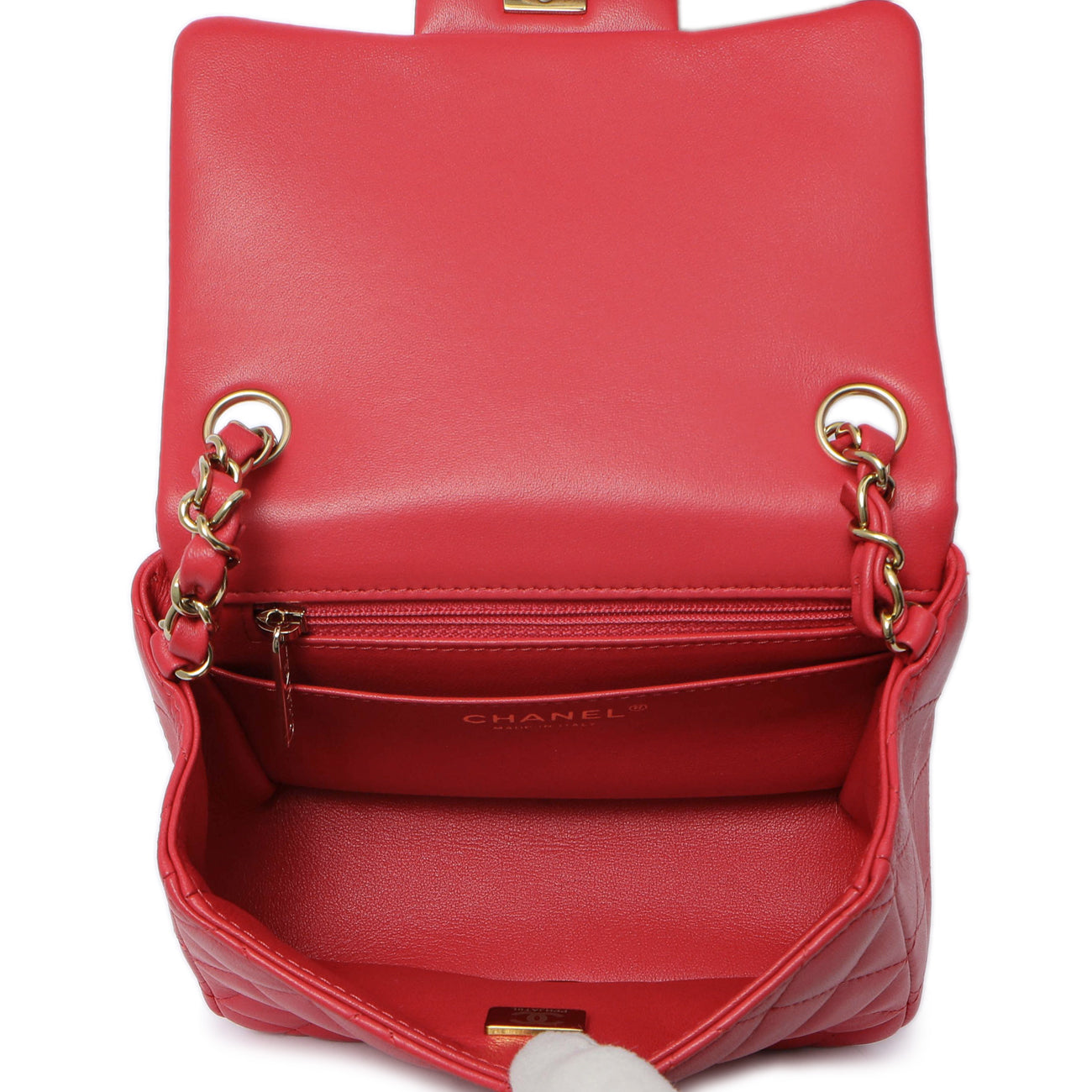 Exclusive Chanel Red Quilted Lambskin Mini Square Flap — Detail View