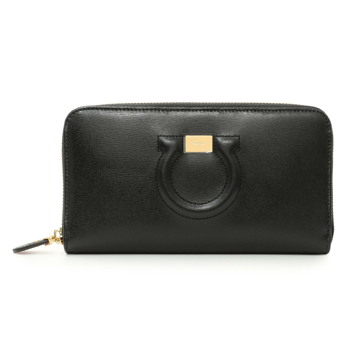 Exclusive Salvatore Ferragamo Black Calfskin Gancini Zip Around Wallet — Front View