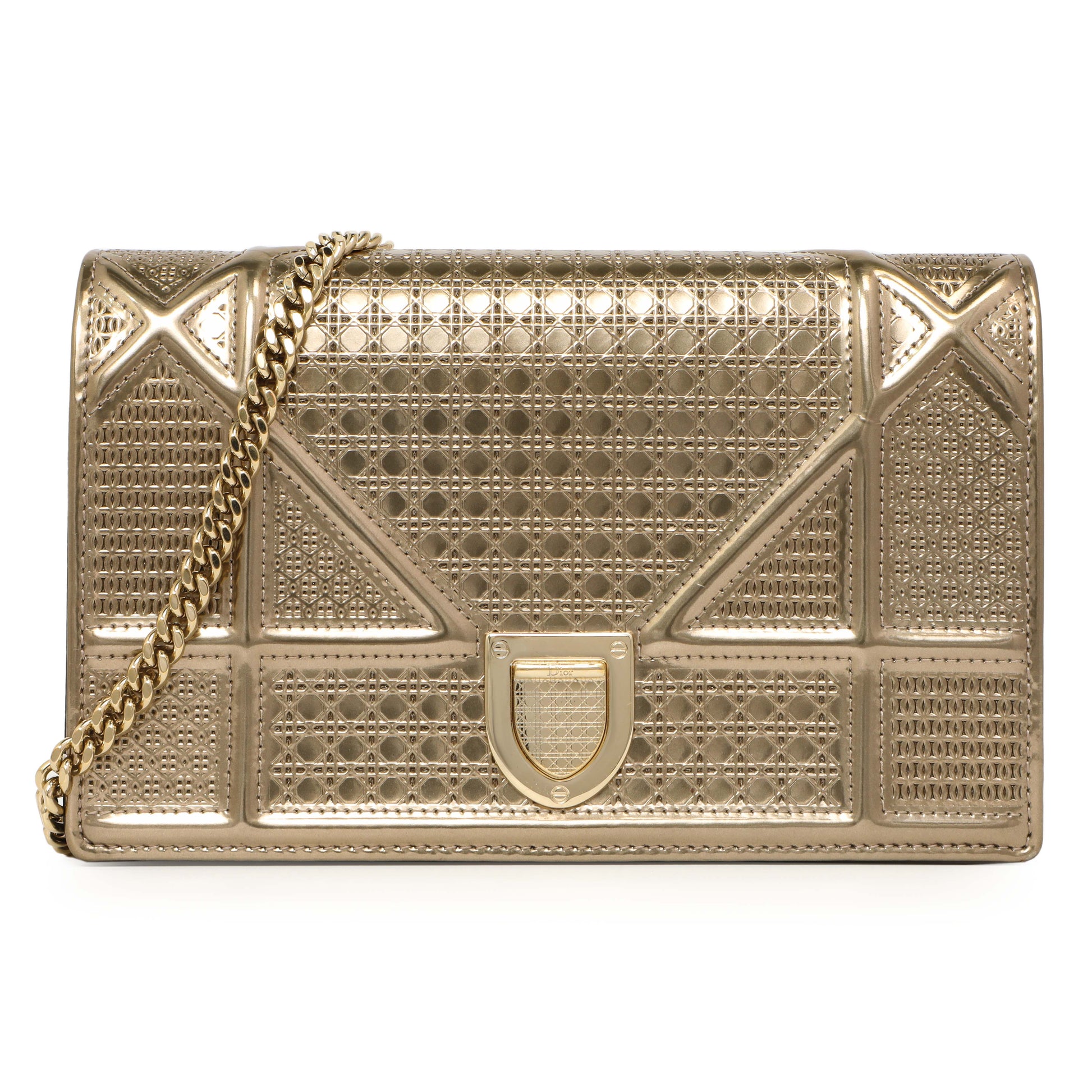 Exclusive Christian Dior Metallic Gold Patent Micro Cannage Diorama Wallet on Chain — Front View