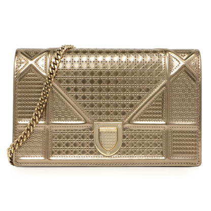 Exclusive Christian Dior Metallic Gold Patent Micro Cannage Diorama Wallet on Chain — Front View