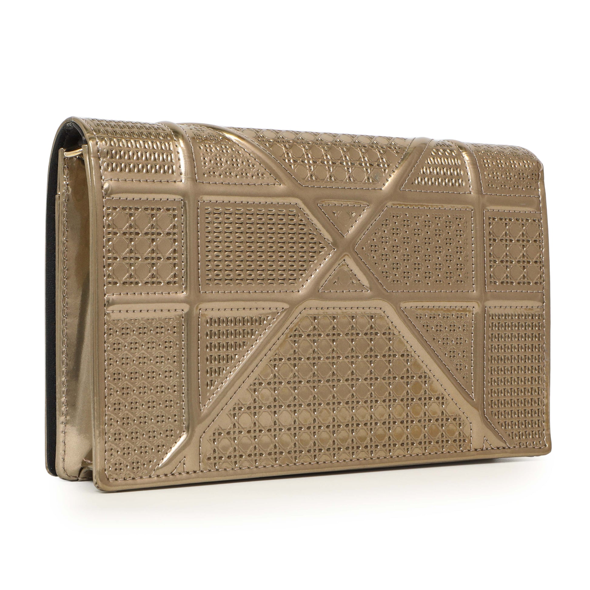 Exclusive Christian Dior Metallic Gold Patent Micro Cannage Diorama Wallet on Chain — Side View