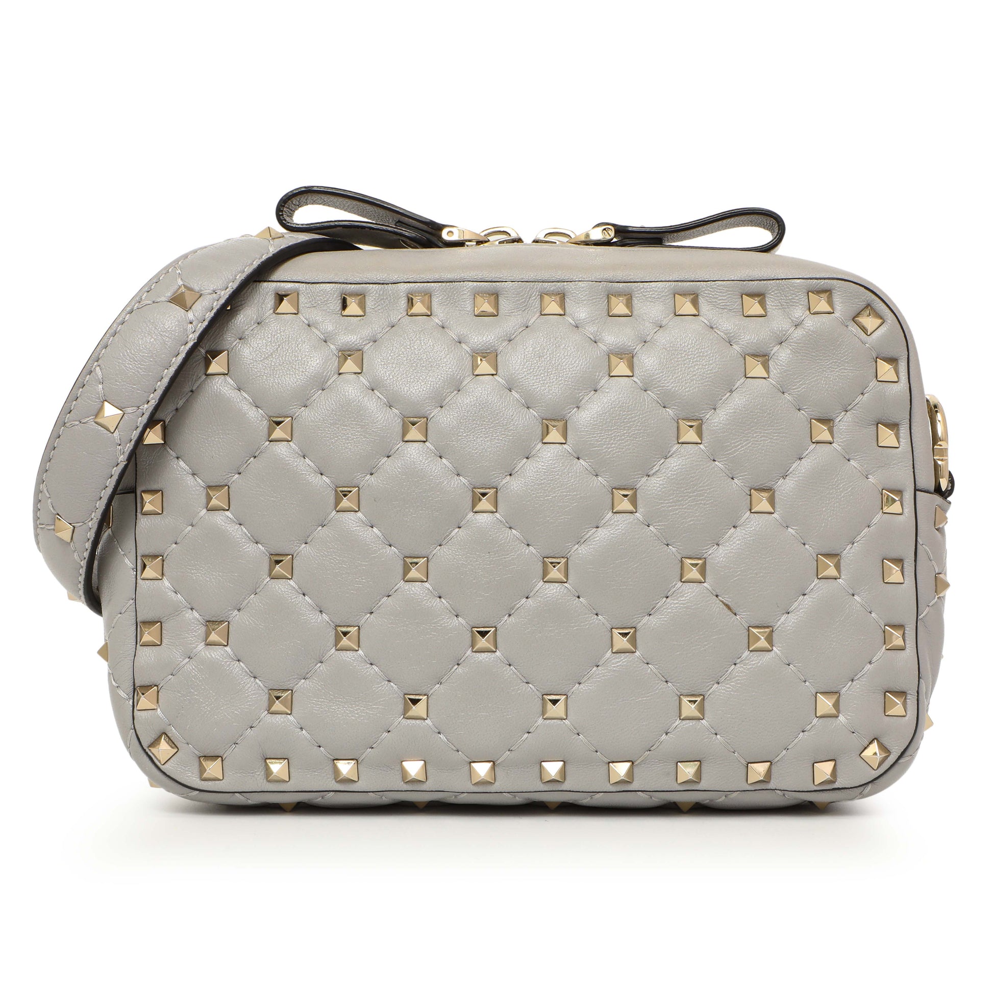Exclusive Valentino Grey Nappa Rockstud Spike Camera Crossbody Bag — Front View