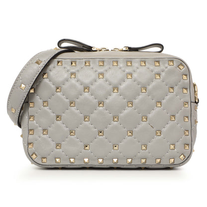 Exclusive Valentino Grey Nappa Rockstud Spike Camera Crossbody Bag — Front View