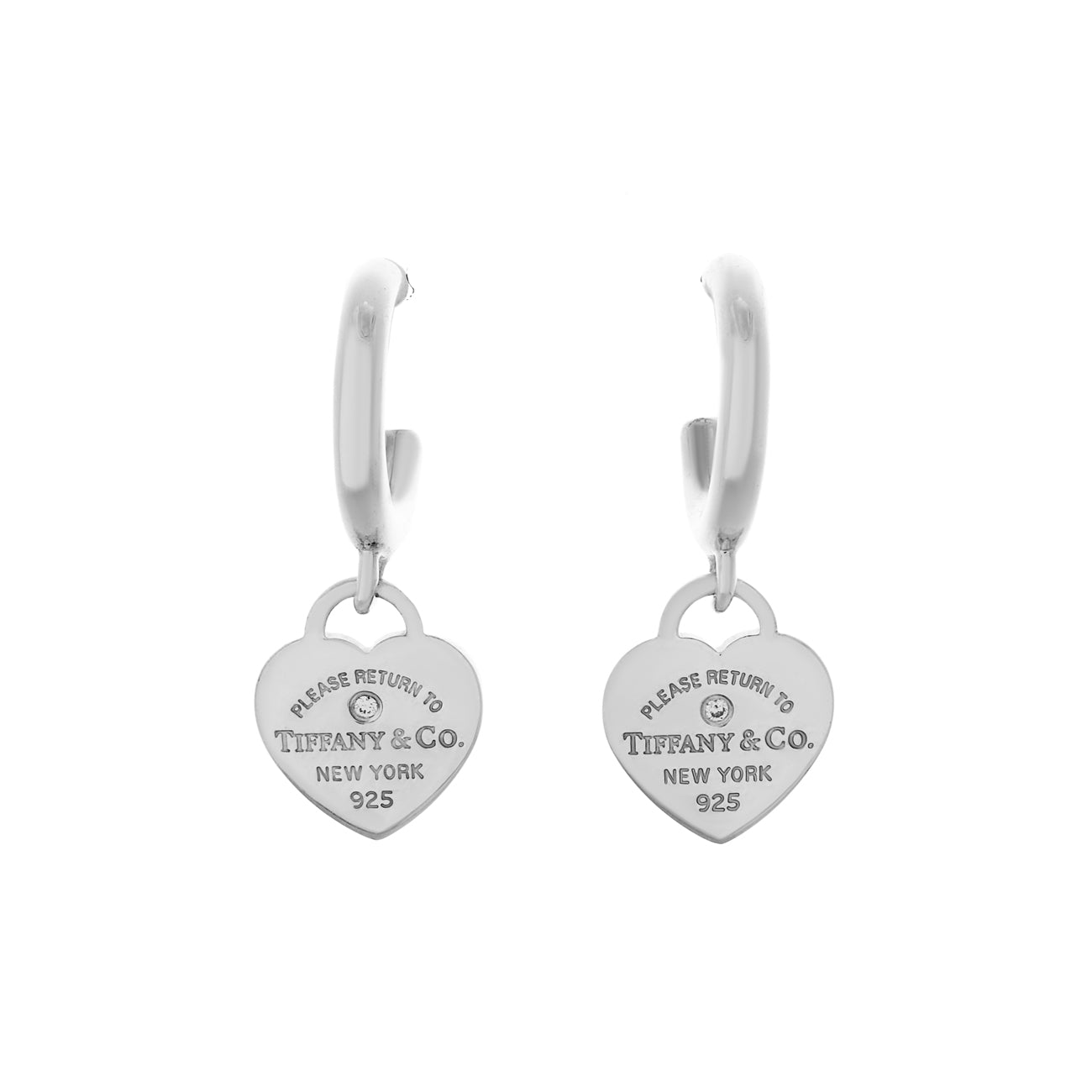 Exclusive Tiffany & Co. Sterling Silver Diamond Mini Return to Tiffany Heart Hoop Earrings — Front View