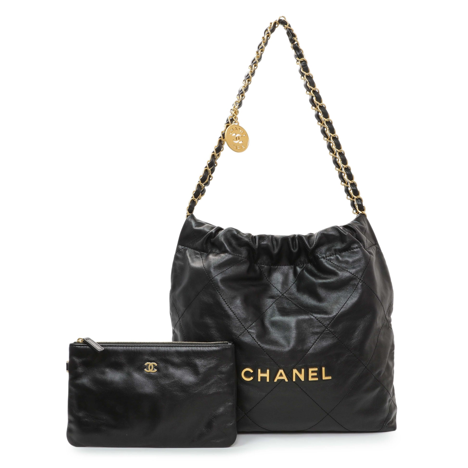 Exclusive Chanel Black Shiny Calfskin Quilted Small Chanel 22 — Front View