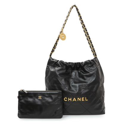 Exclusive Chanel Black Shiny Calfskin Quilted Small Chanel 22 — Front View