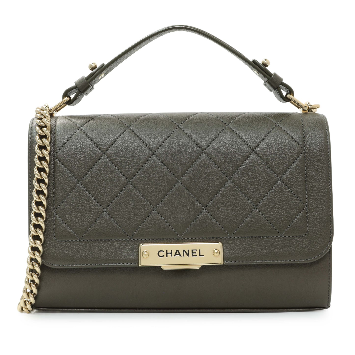Exclusive Chanel Khaki Grained Calfskin Quilted Medium Label Click Flap — Front View