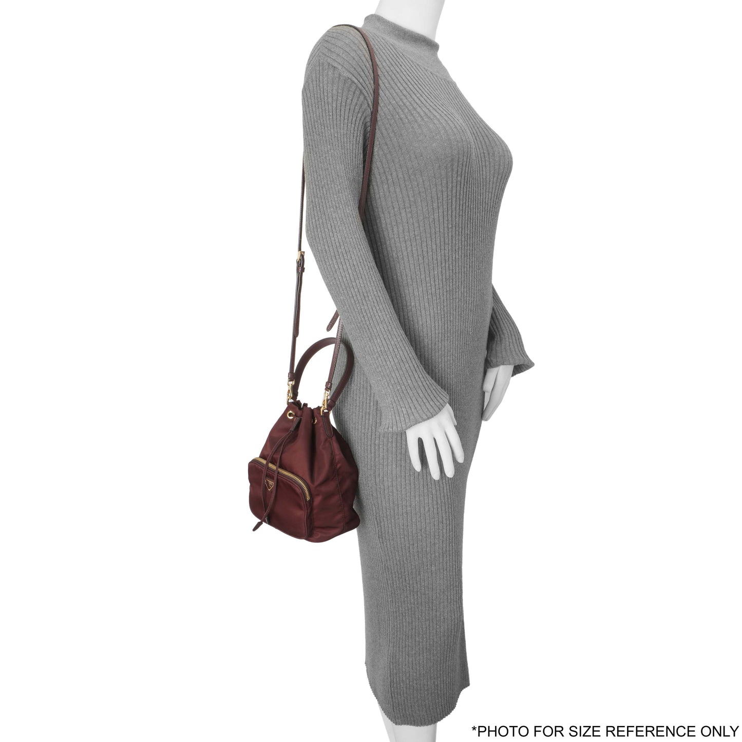 Exclusive Prada Burgundy Re-Nylon Saffiano Duet Bucket Crossbody Bag — Lifestyle View