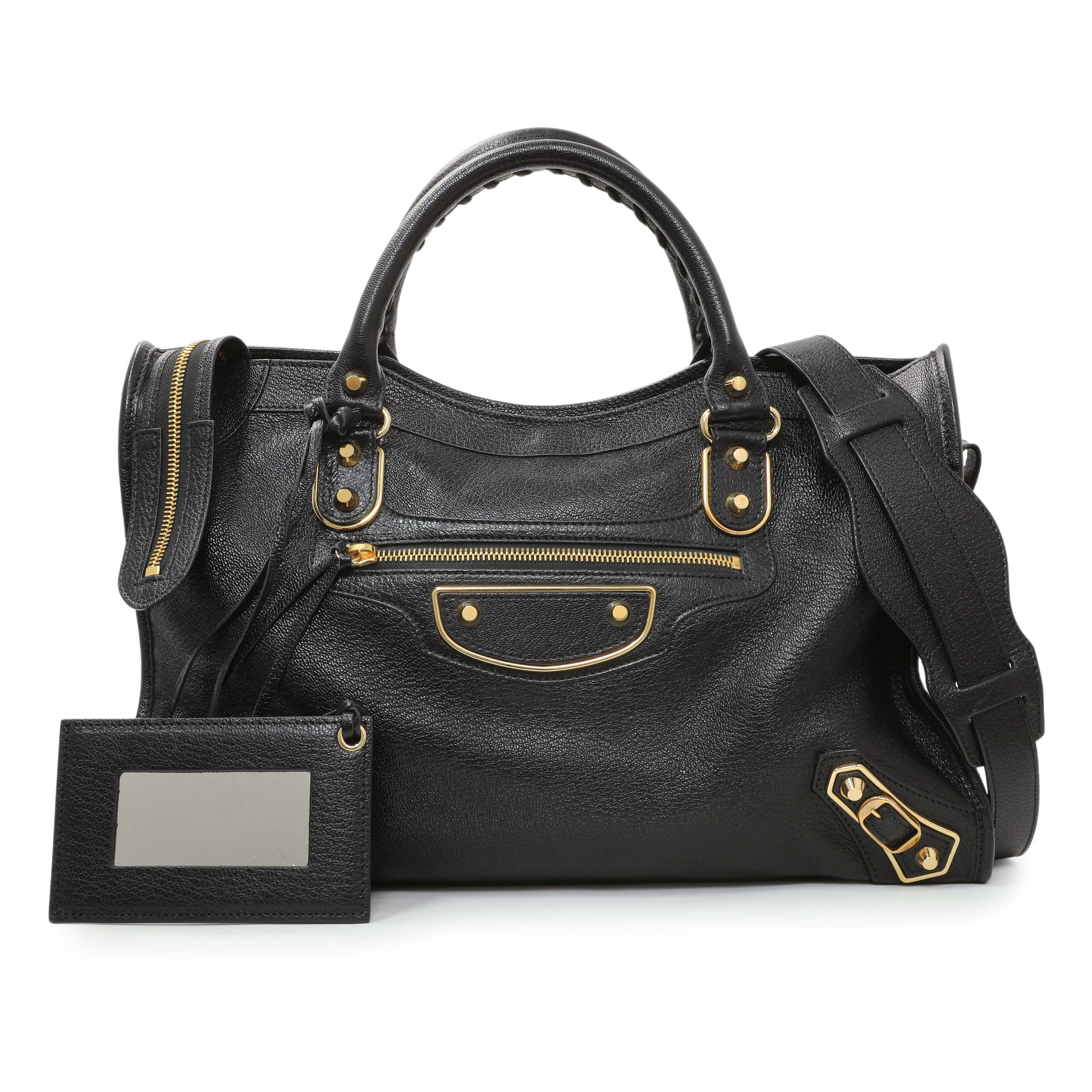 Exclusive Balenciaga Black Chevre Gold Metallic Edge Hardware City — Front View